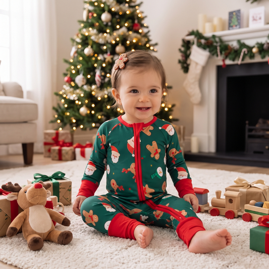 Baby girl wearing bamboo Christmas zip romper sleeper