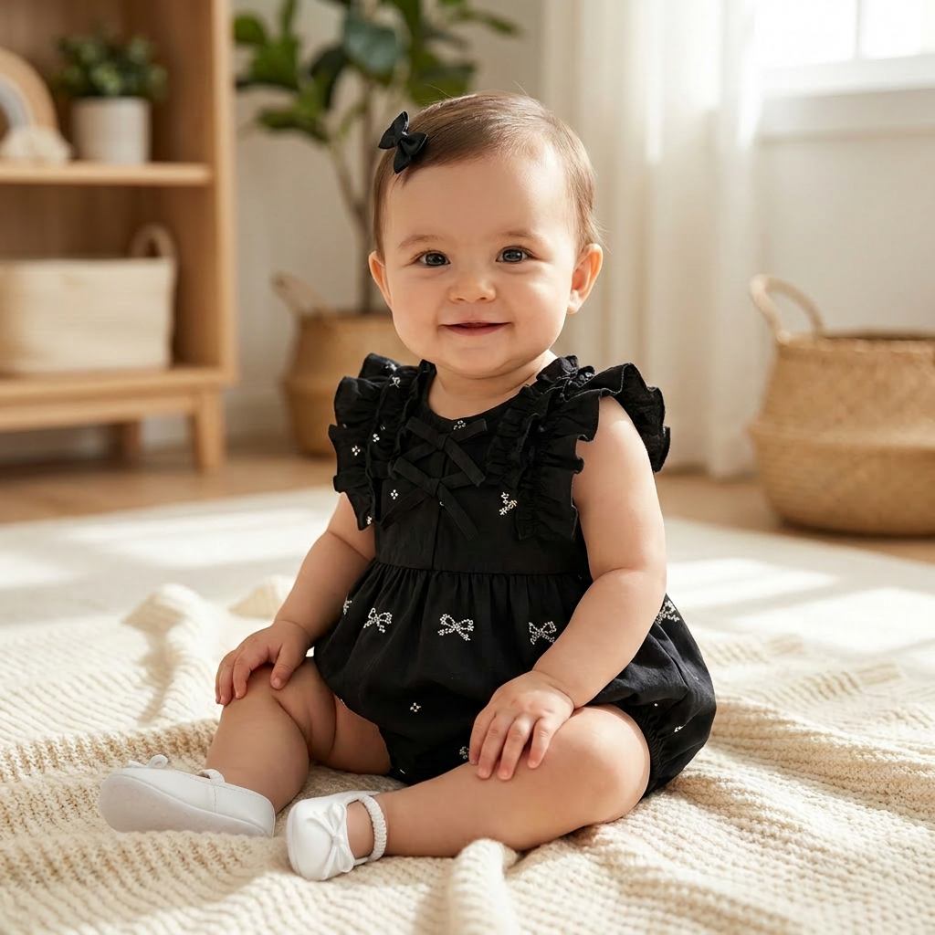 Smiling baby girl sitting on a blanket wearing a black cotton bubble romper with white embroidered bows.