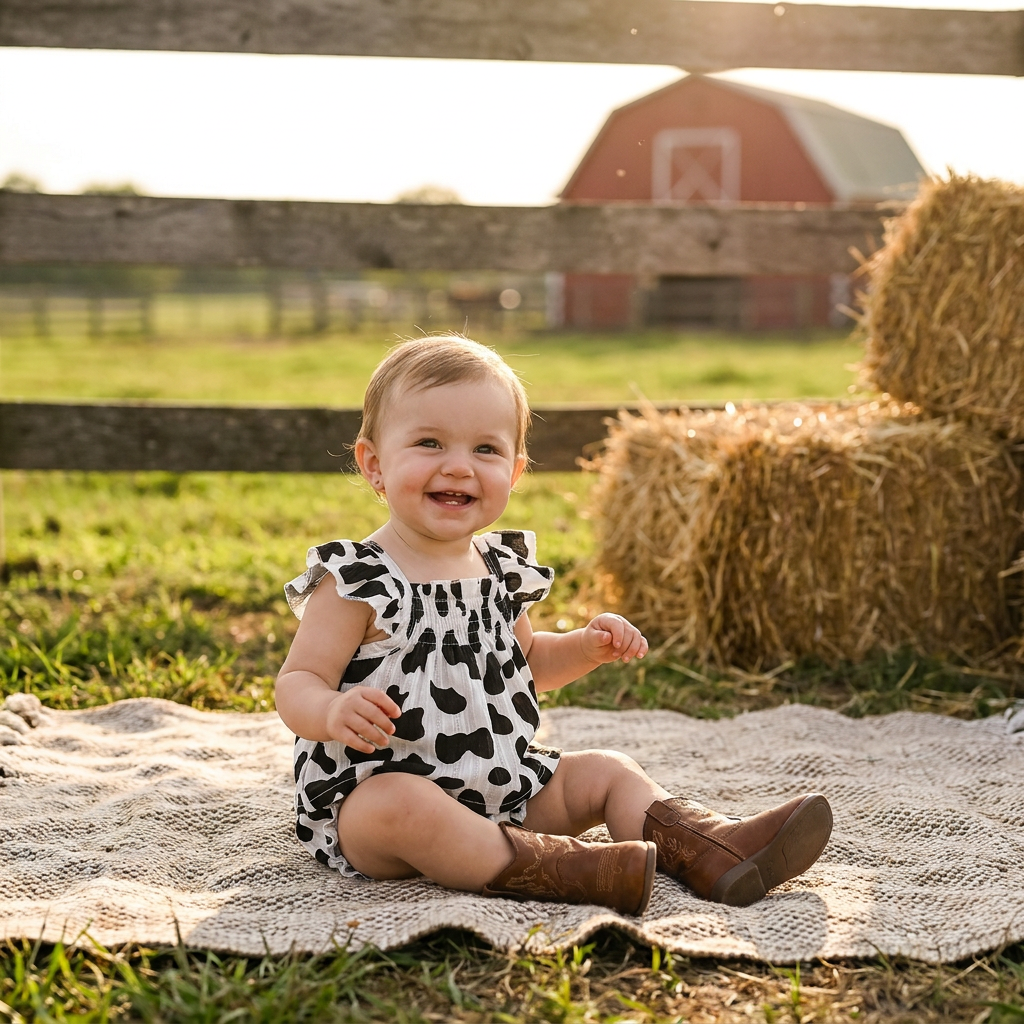 A smiling baby girl sitting on a blanket outdoors in front of a red barn, wearing the black and white cow print outfit and little cowboy boots.