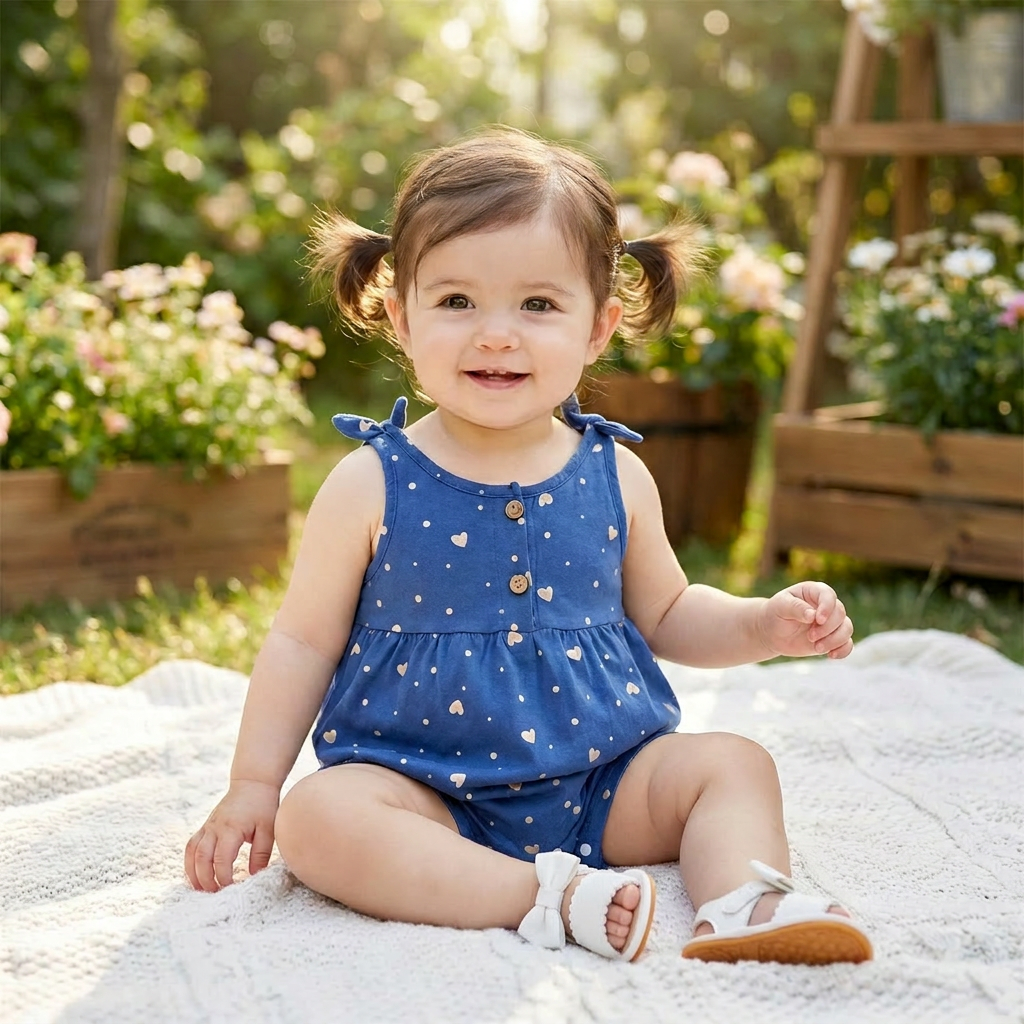 Smiling baby girl sitting outdoors in a garden wearing a blue heart print sleeveless bubble romper.