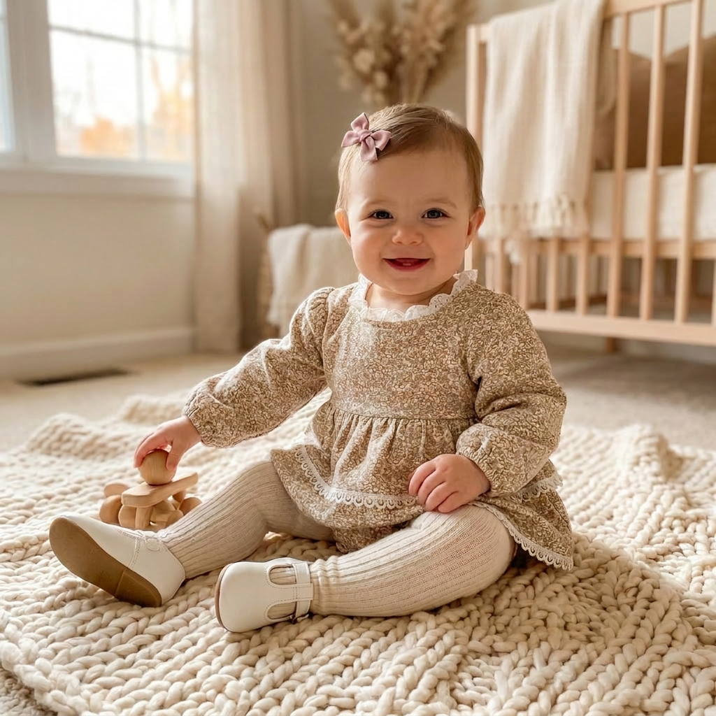 A happy baby girl sitting on a cozy rug in a nursery, wearing the transitional beige floral long sleeve romper dress with ribbed tights