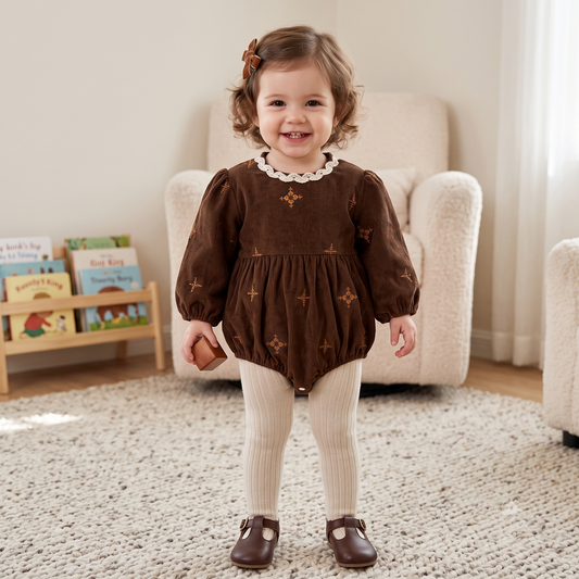 A smiling baby girl standing in a living room wearing a vintage brown corduroy long-sleeve bubble romper paired with cream tights.