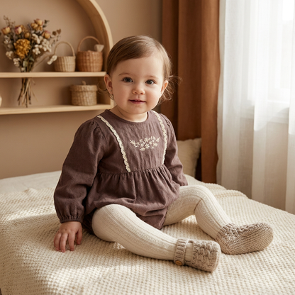 A smiling infant girl sitting on a bed wearing a brown cottagecore-inspired floral embroidered long sleeve cotton bubble romper with white tights.
