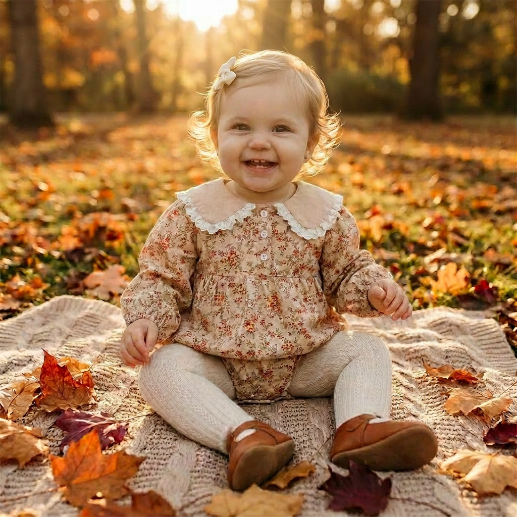 Smiling baby girl sitting outdoors on a blanket surrounded by autumn leaves, wearing the cream vintage floral cottagecore bubble romper.
