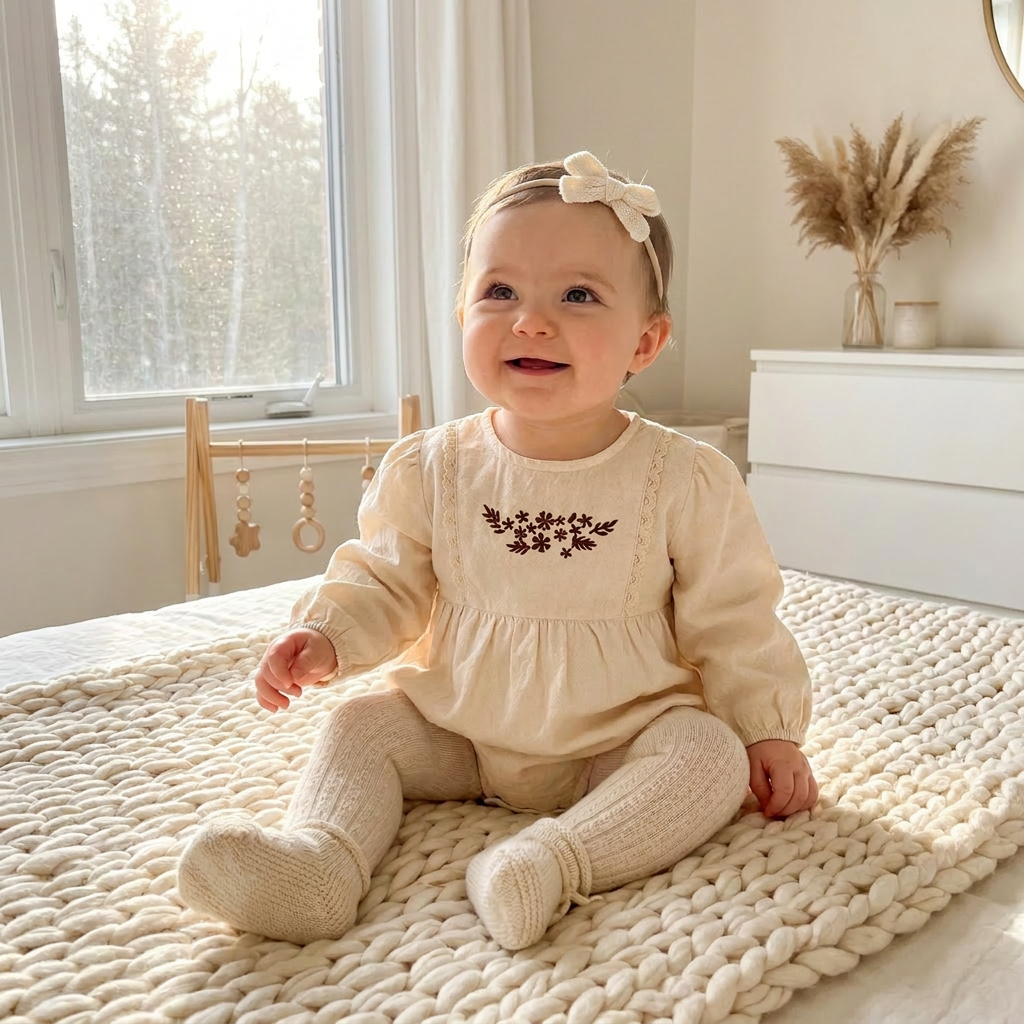 A happy infant girl sitting on a textured blanket wearing a cream cottagecore-inspired floral embroidered long sleeve cotton bubble romper.