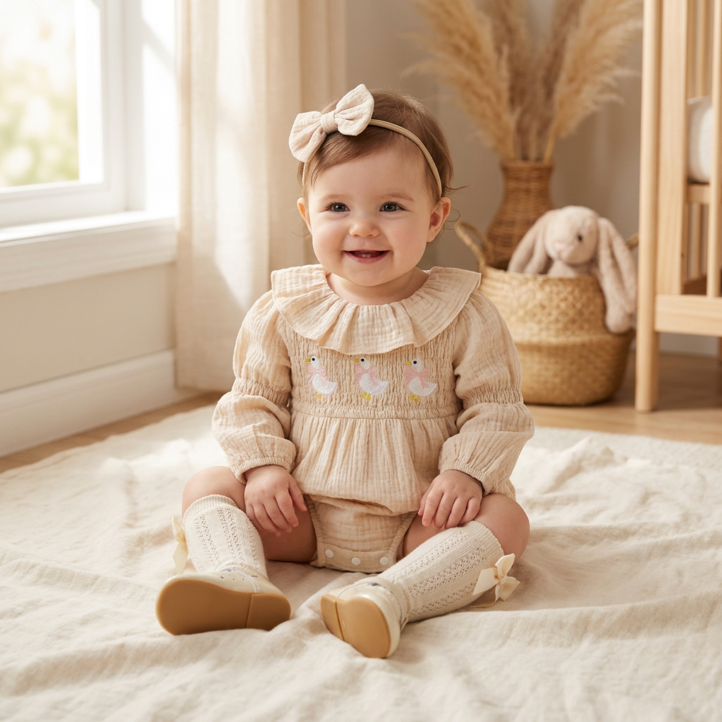 Happy baby girl sitting in a nursery wearing a cream goose embroidered long-sleeve skirted romper and matching bow headband.