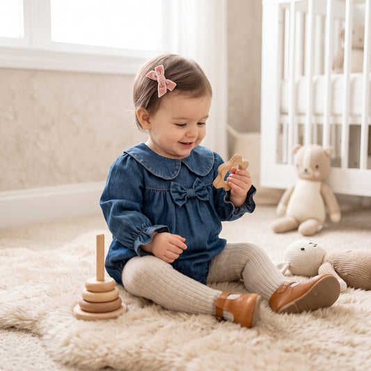 Baby girl sitting on rug wearing dark blue denim long sleeve bubble romper and pink headband