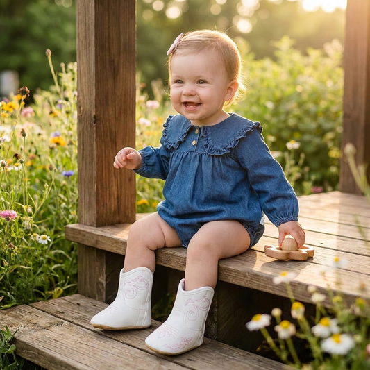 Smiling baby girl sitting on outdoor wooden steps wearing a blue denim long-sleeve romper and white boots.