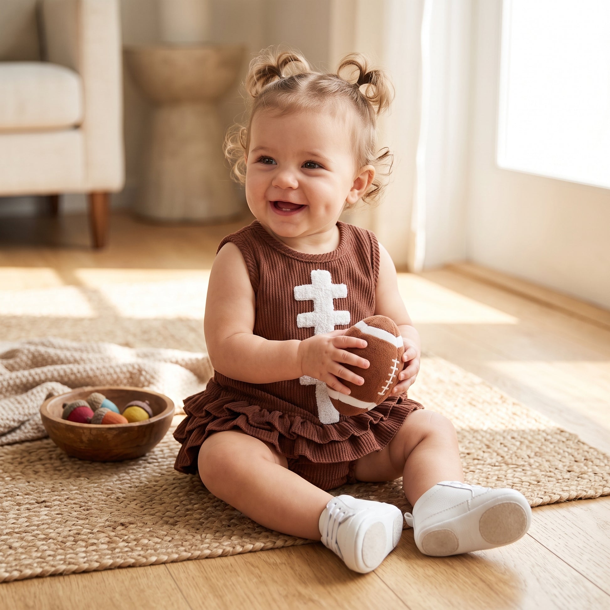 Toddler girl sitting on floor wearing brown corduroy football tank top and ruffle shorts game day outfit