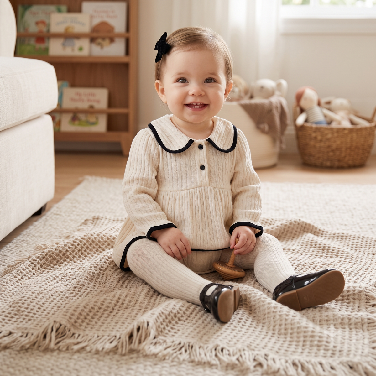 Smiling baby girl sitting on a rug wearing the ivory cable knit romper dress with white tights and dark shoes.
