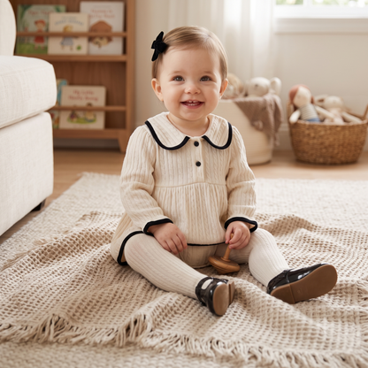 Smiling baby girl sitting on a rug wearing the ivory cable knit romper dress with white tights and dark shoes.