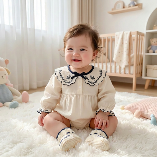 Smiling baby girl wearing an ivory long sleeve embroidered bubble romper with matching socks, sitting on a fluffy nursery rug.
