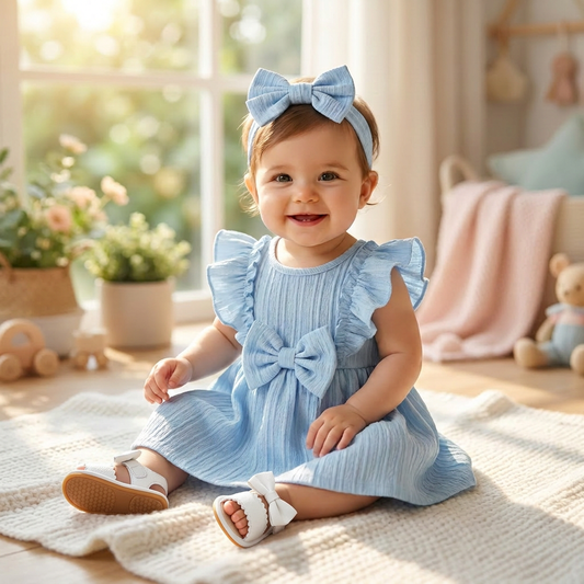 Smiling baby girl sitting indoors wearing the Kidsely light blue woven summer sundress with matching bow headband.