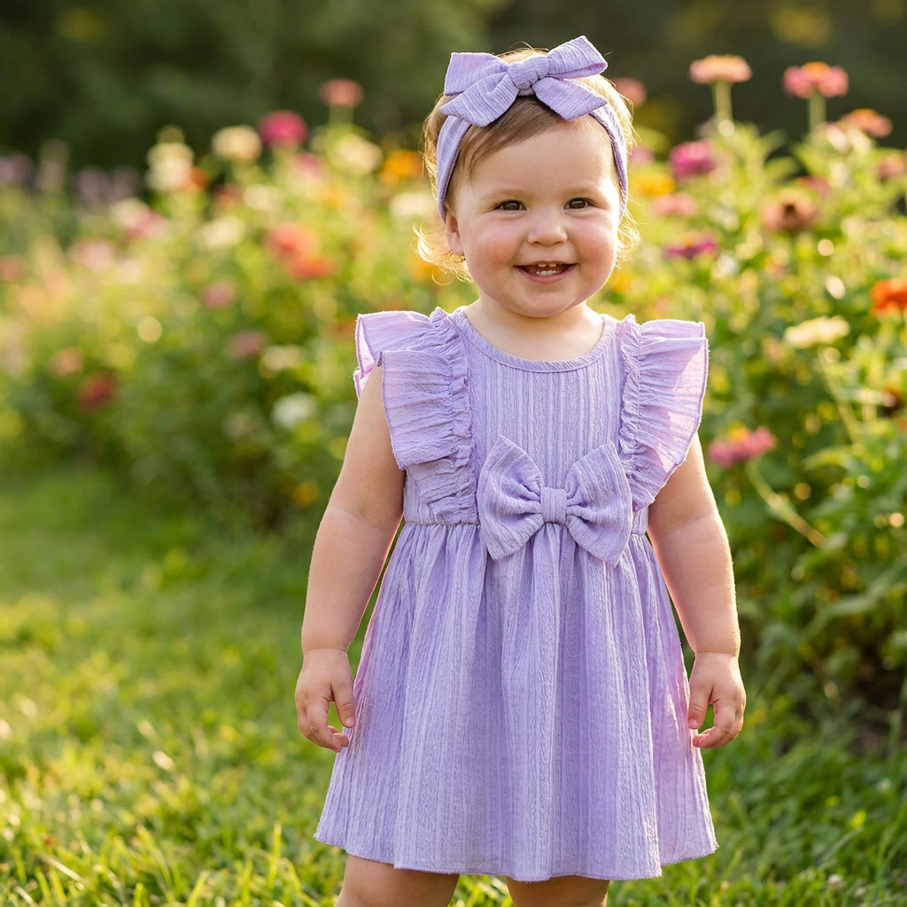 Cute baby girl standing in a sunlit garden wearing the Kidsely light purple lilac ruffle bow dress and matching headband.