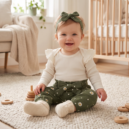 Smiling baby girl sitting in a nursery wearing the olive green daisy print pants and white ruffle long-sleeve bodysuit.