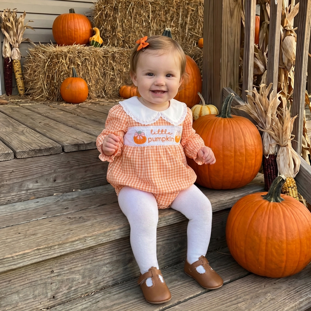 Smiling baby girl sitting on rustic wooden steps surrounded by pumpkins, wearing a smocked orange gingham long sleeve bubble romper and white tights.