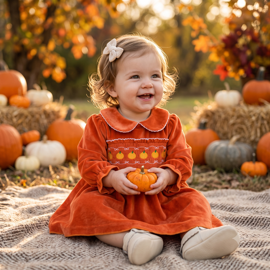 Smiling baby girl wearing the orange smocked pumpkin Halloween dress while sitting outside in a festive fall pumpkin patch.