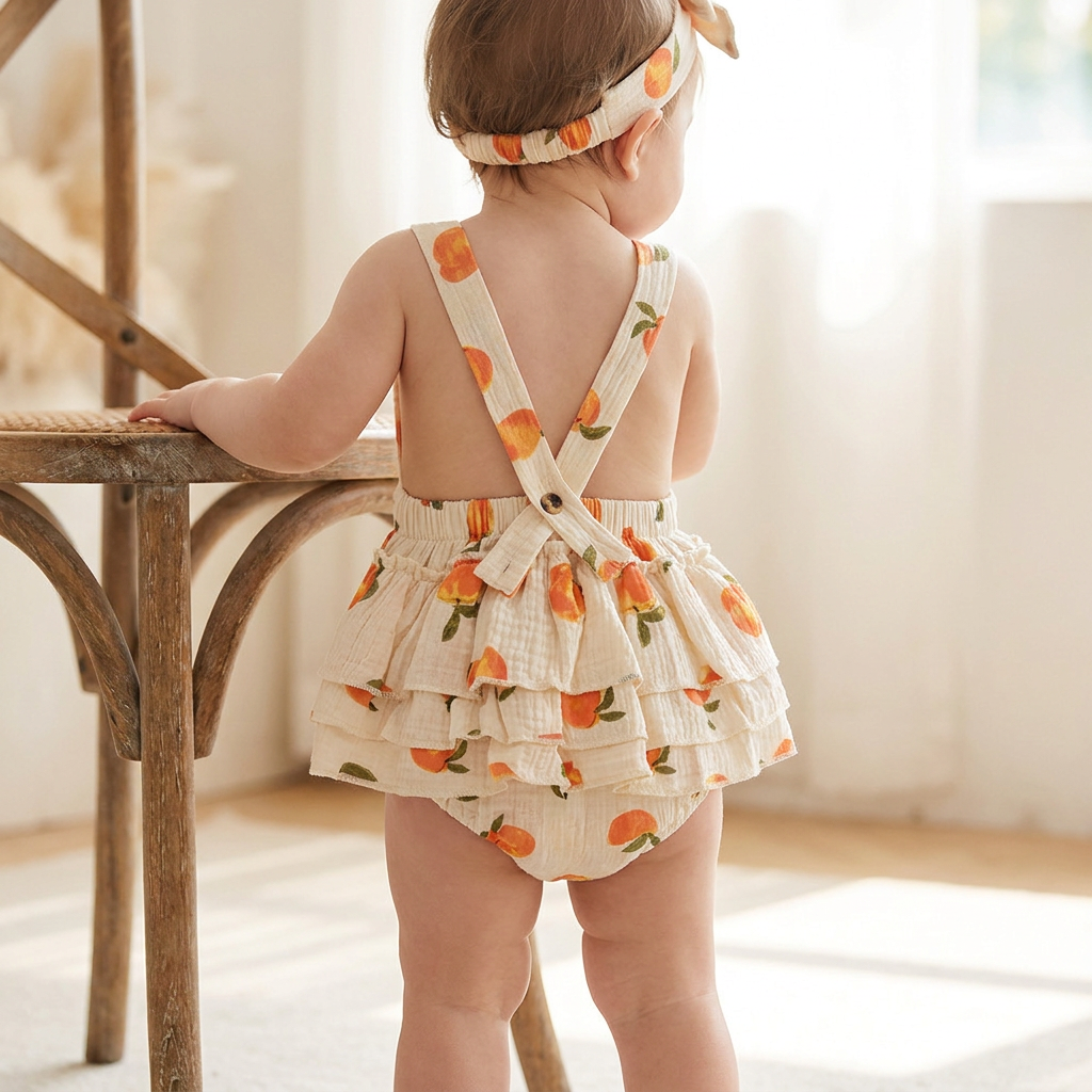 Back view of a baby girl wearing the peach print sleeveless summer romper, showcasing the functional tiered ruffles (ruffle butt) and criss-cross straps.