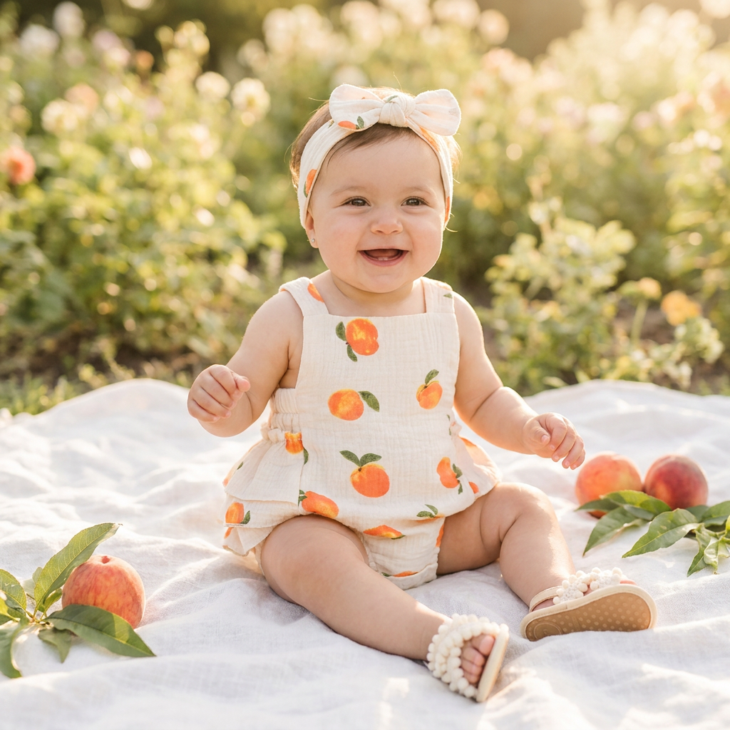 Baby in a peach-patterned outfit sitting on a blanket wearing pom pom boho sandals in an outdoor setting.