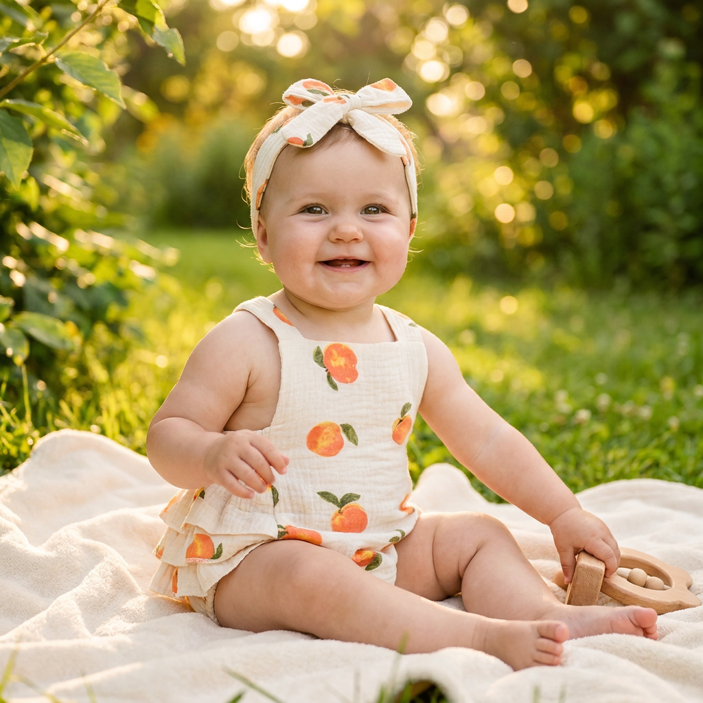 Smiling baby girl wearing a peach print sleeveless romper and headband while sitting on a blanket in a sunny garden.