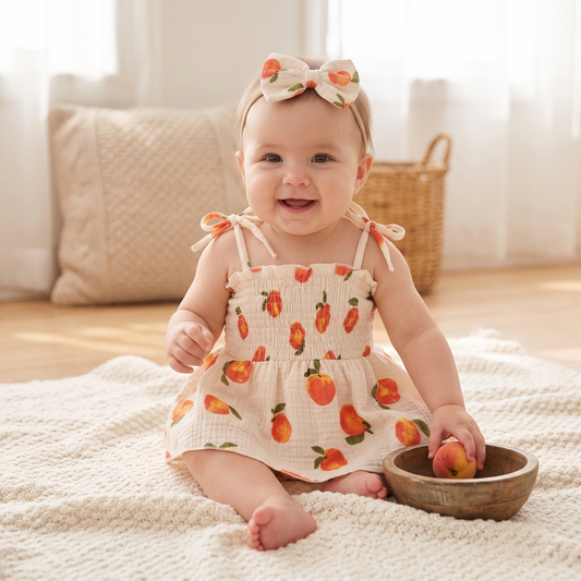 Smiling baby girl sitting on a blanket indoors wearing the peach print smocked romper dress and matching headband.