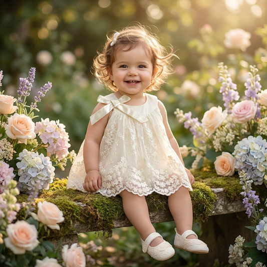 A smiling toddler girl wearing the Pearl Ivory lace romper dress while sitting outside on a rustic wooden bench surrounded by spring flowers for a milestone photoshoot.