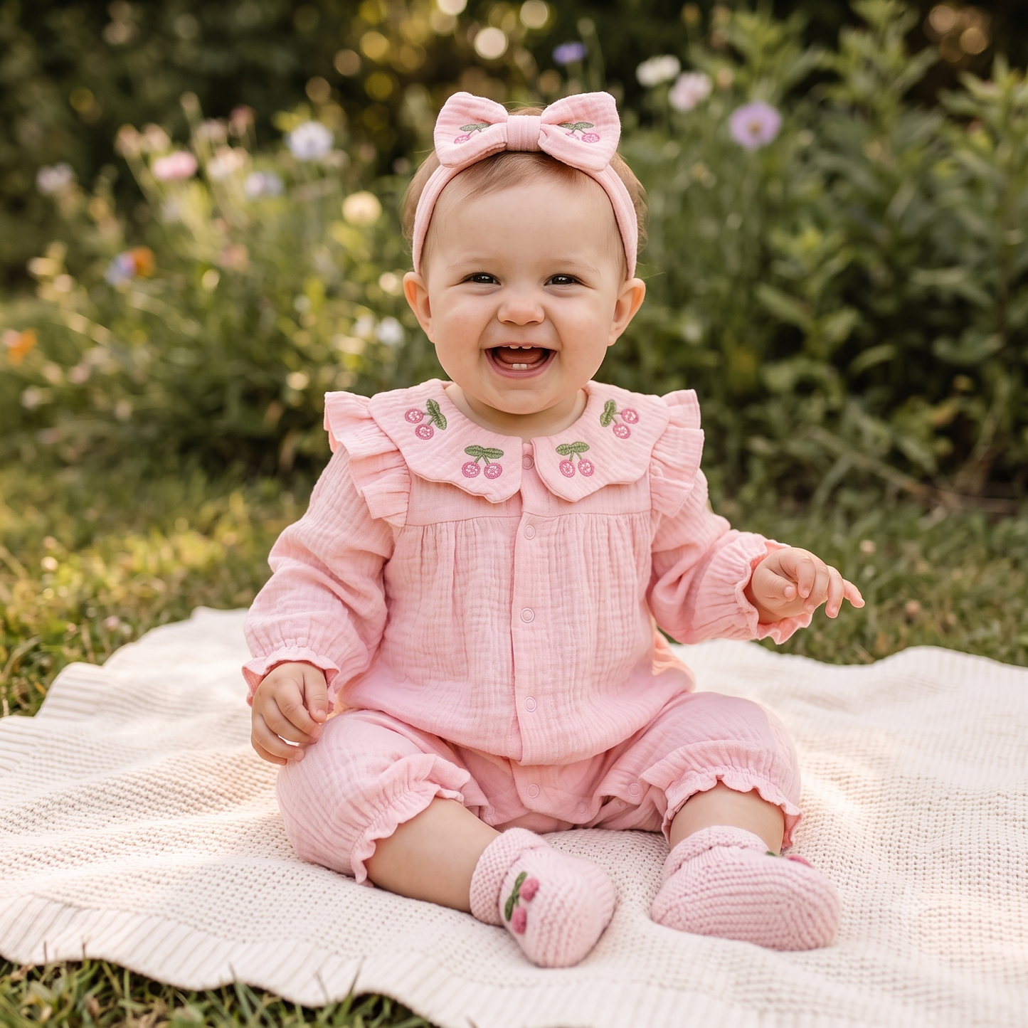 Happy baby girl sitting outdoors on a blanket wearing the Kidsely pink cherry embroidered muslin bubble romper and headband.