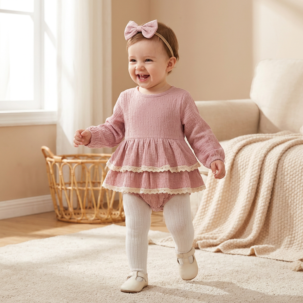 Smiling baby girl wearing a dusty pink long sleeve lace trim romper dress with white tights and a matching headband, walking indoors.