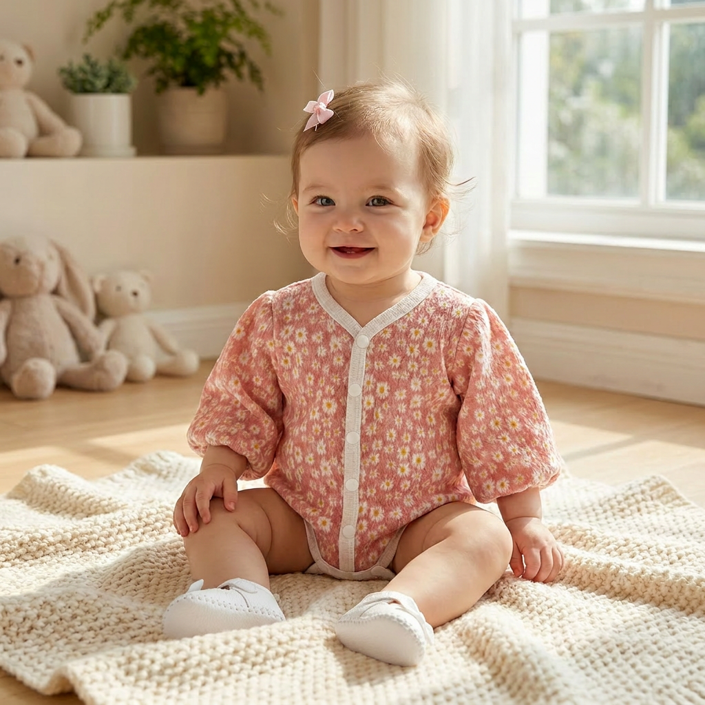Smiling baby girl sitting on a cozy blanket wearing the pink daisy floral long sleeve bubble romper.