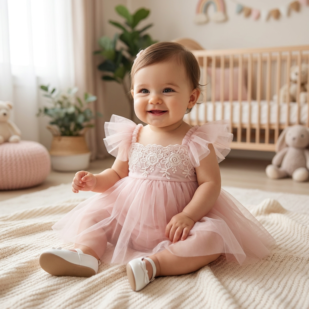 Baby girl sitting in nursery wearing pink tulle tutu romper dress for special occasions