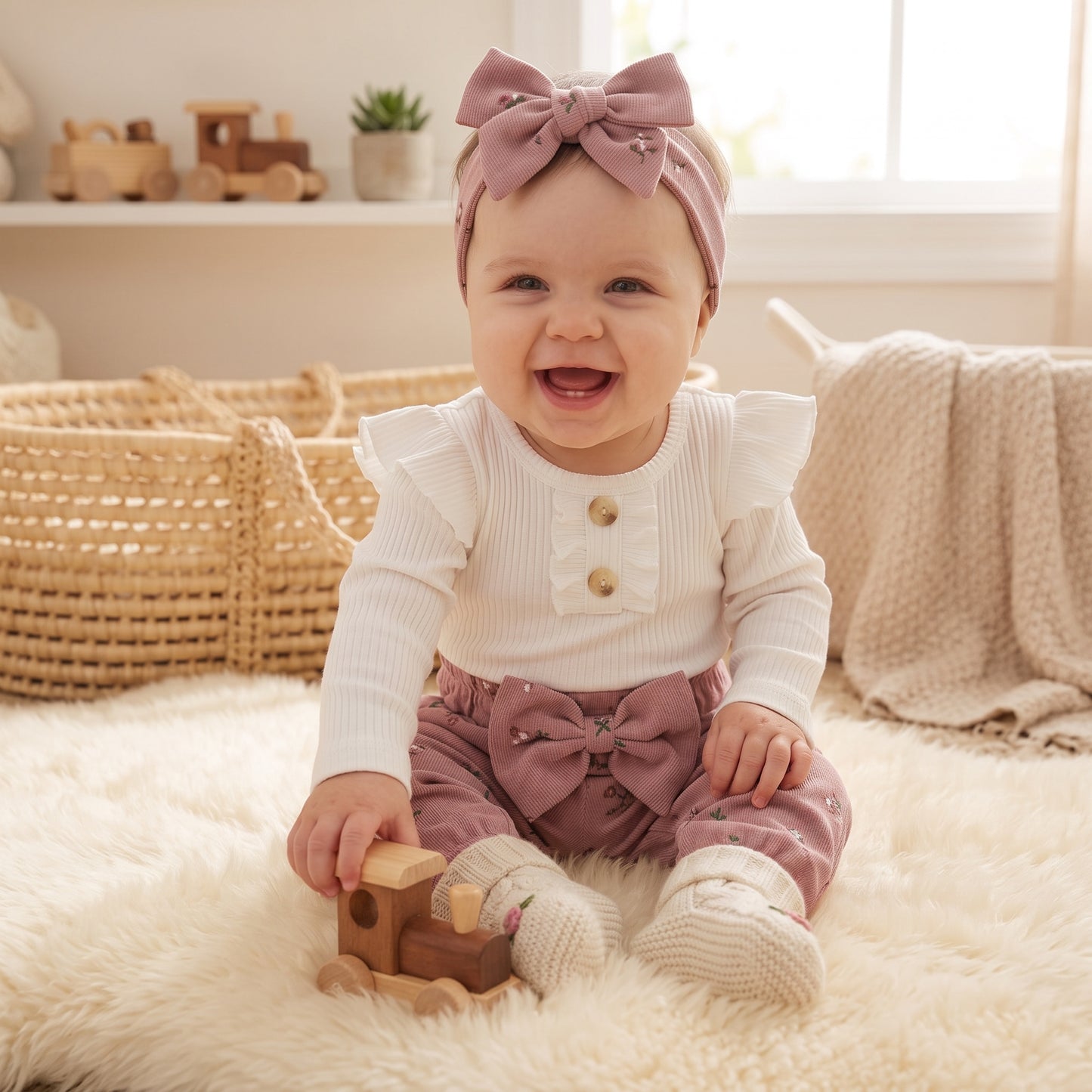 Smiling baby girl sitting on a rug wearing a white long-sleeve ribbed romper and pink floral corduroy pants with a matching bow headband.