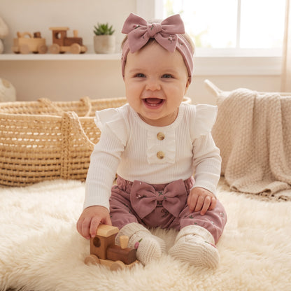 Smiling baby girl sitting on a rug wearing a white long-sleeve ribbed romper and pink floral corduroy pants with a matching bow headband.