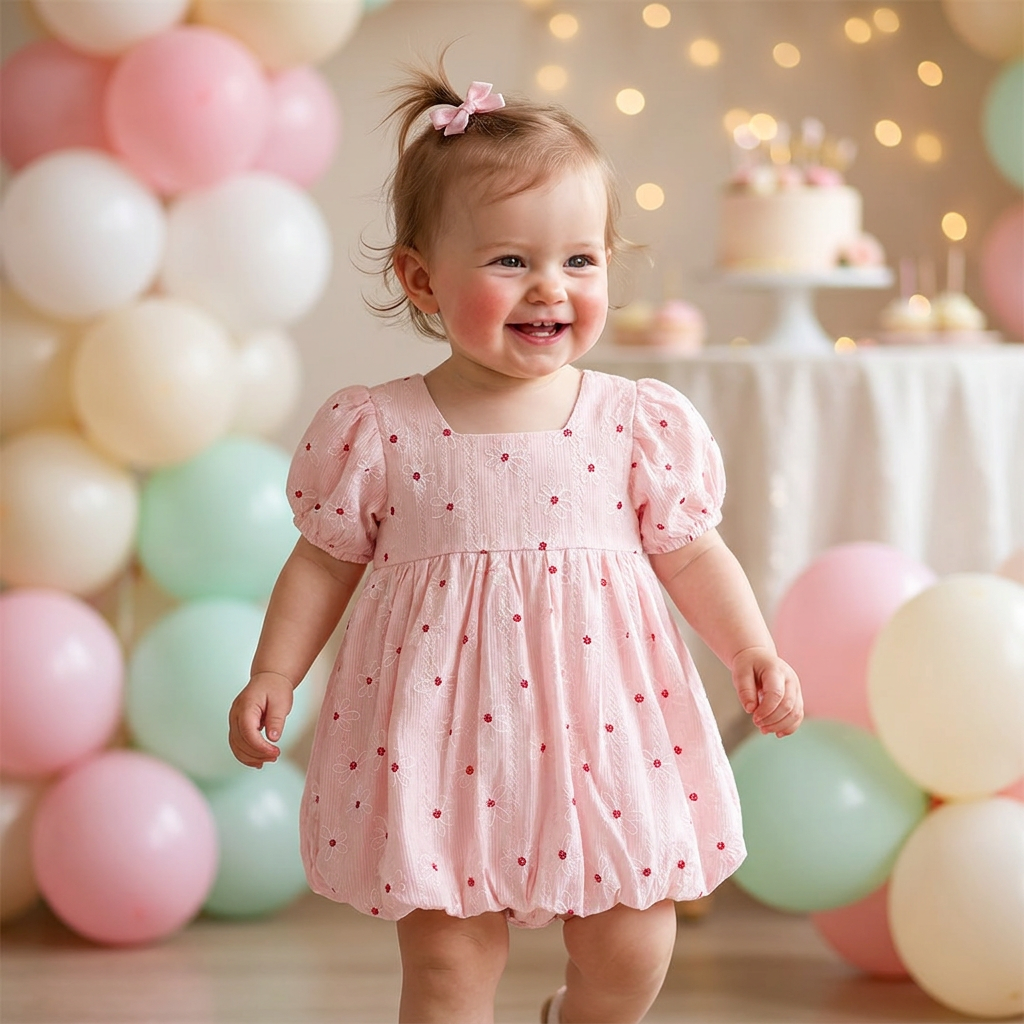 Baby girl wearing pink floral embroidered dress for birthday party