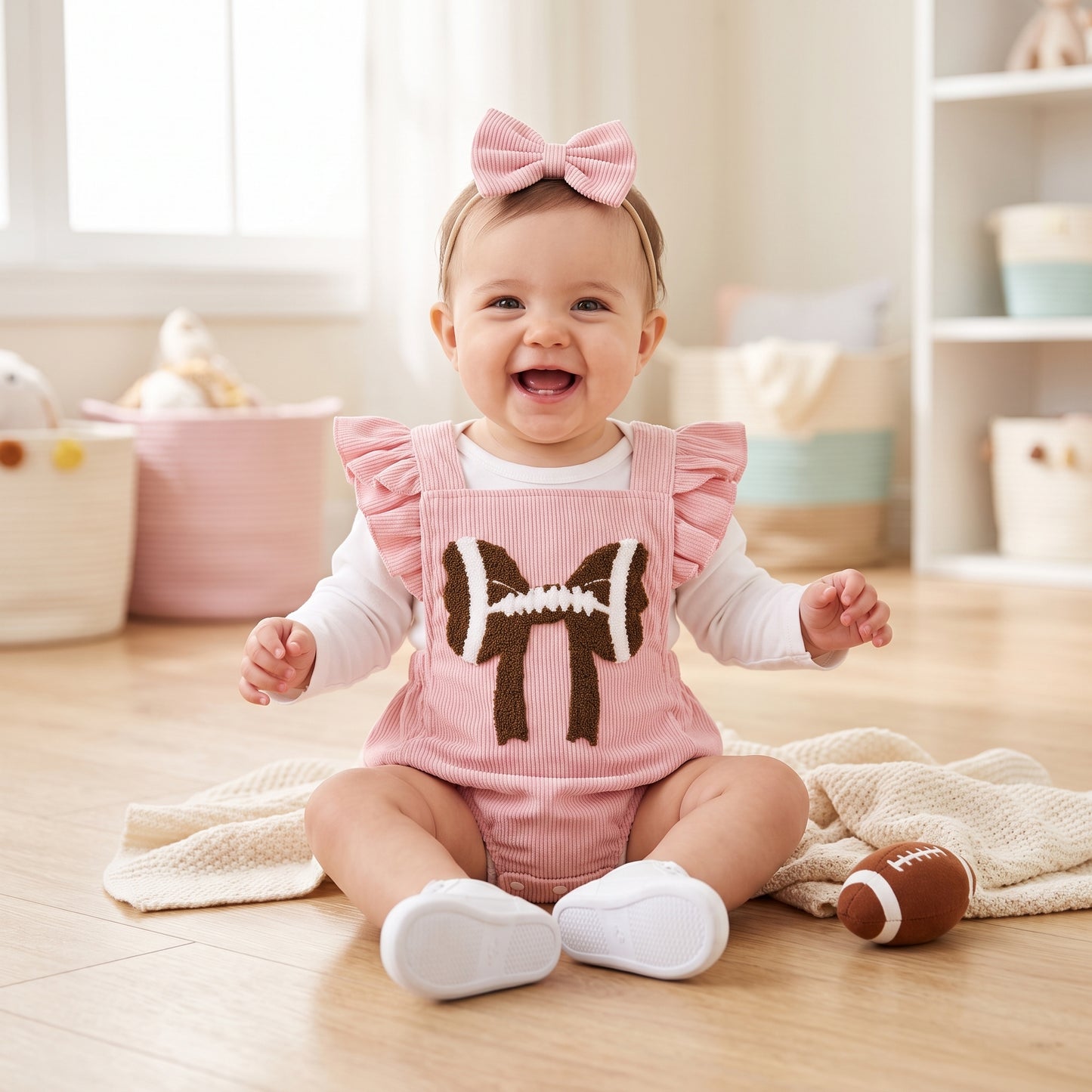 Baby girl wearing pink flutter sleeve football embroidered corduroy romper and matching bow headband