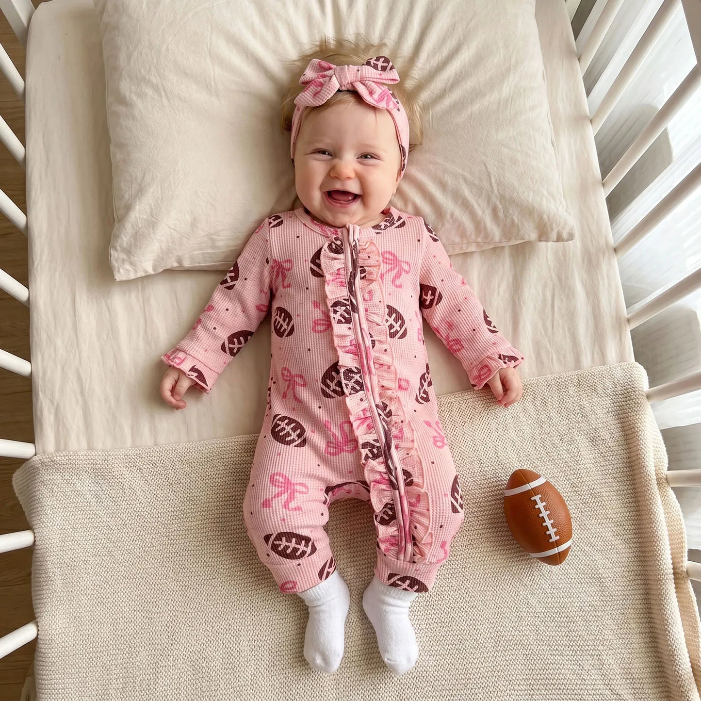 Smiling baby girl lying in a crib next to a small football, wearing a pink football print game day romper and bow headband.