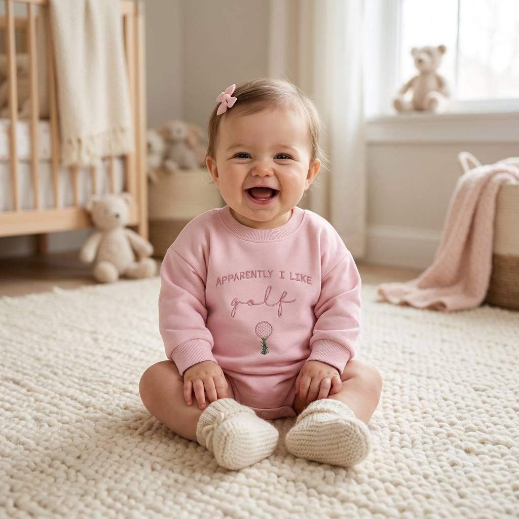 Smiling baby girl sitting in a nursery wearing the pink "Apparently I Like Golf" long-sleeve bubble romper.