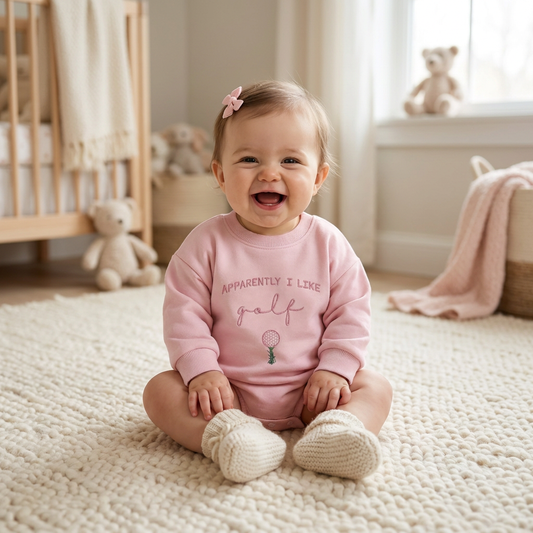 Smiling baby girl sitting in a nursery wearing the pink "Apparently I Like Golf" long-sleeve bubble romper.
