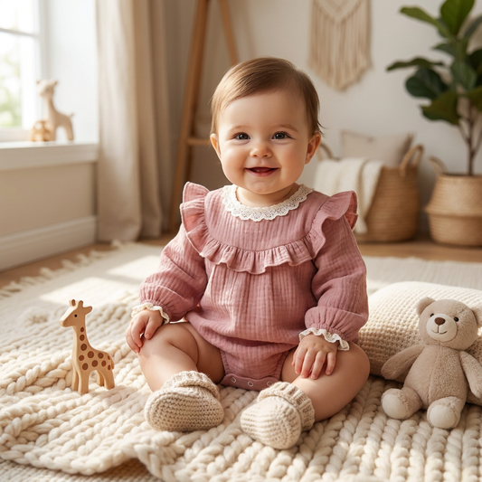 Smiling baby girl sitting in a nursery wearing a dusty pink cotton gauze long-sleeve romper with a white lace collar.
