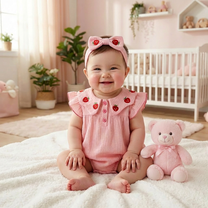 Baby in a pink stawberry outfit with a matching headband and teddy bear in a nursery.