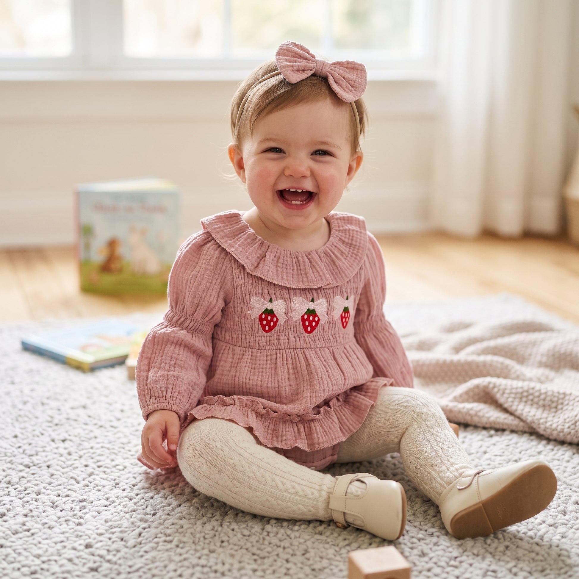 Happy baby girl sitting on a rug wearing a pink strawberry embroidered long-sleeve bubble romper and matching bow headband.
