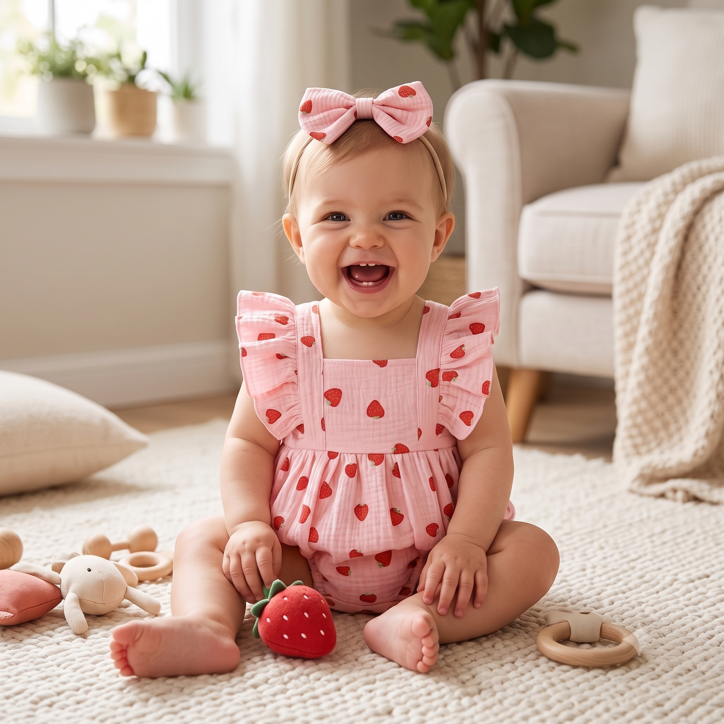 Happy baby girl sitting on a rug wearing a pink strawberry print muslin bubble romper and matching bow headband.