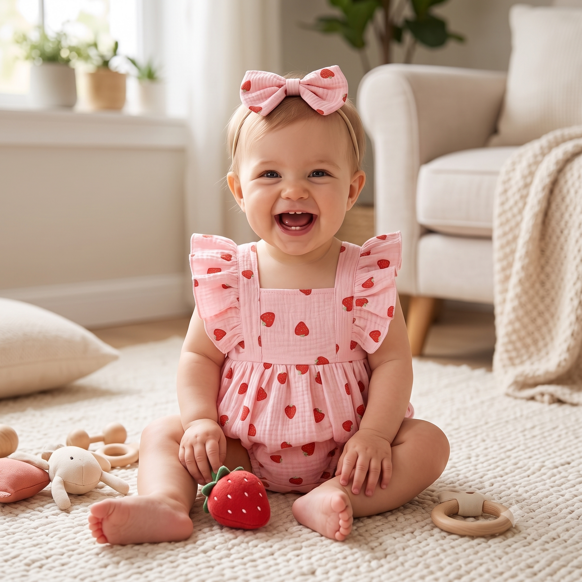 Happy baby girl sitting on a rug wearing a pink strawberry print muslin bubble romper and matching bow headband.