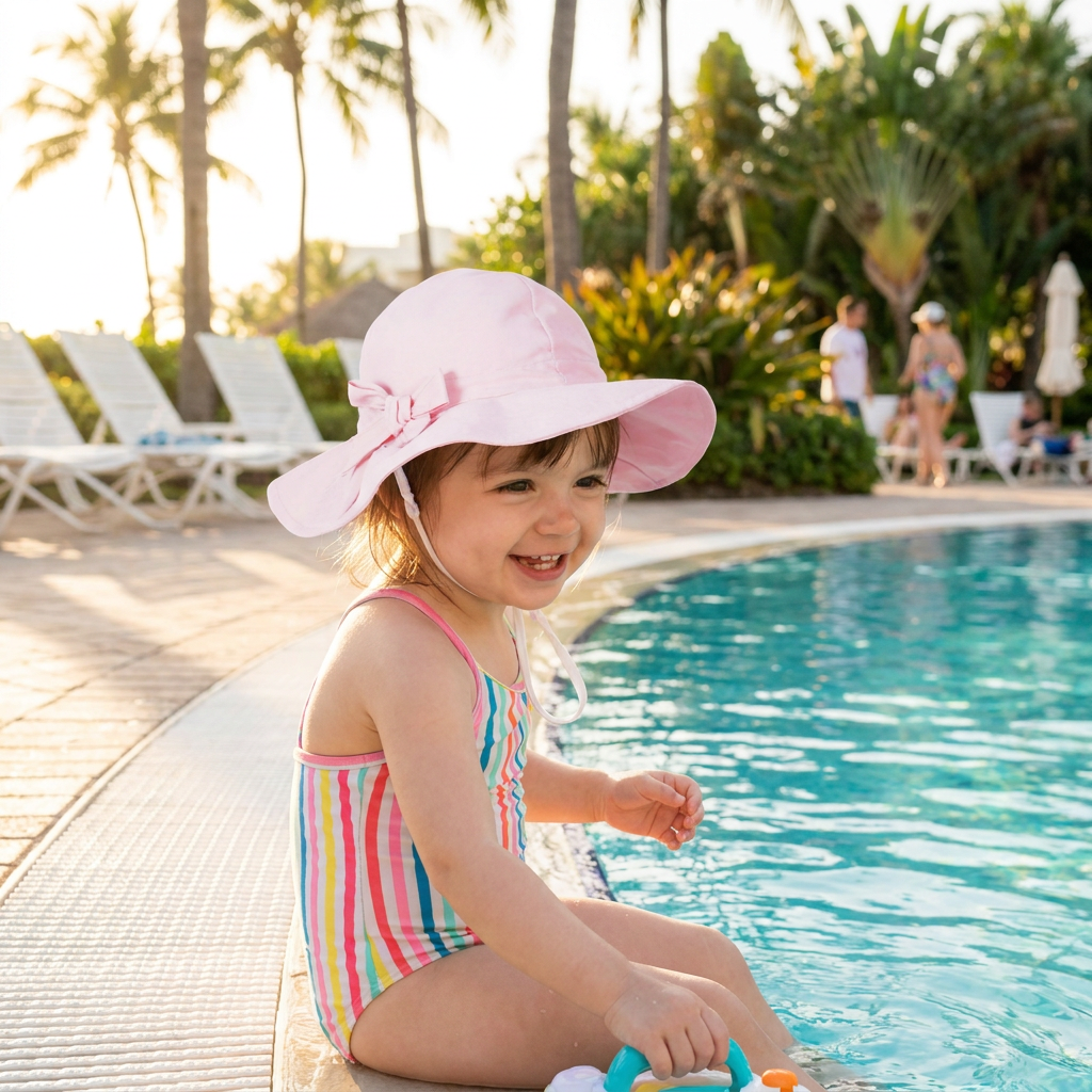 A happy little girl sitting poolside in a swimsuit wearing a light pink wide brim sun protection hat.