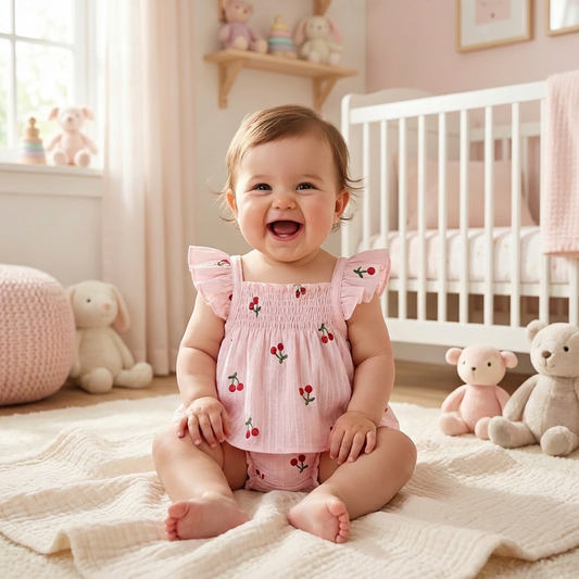 Baby in a pink outfit with cherry design sitting on a blanket in a nursery.