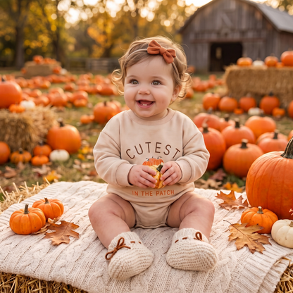 A smiling baby sitting on a blanket in a fall pumpkin patch wearing the Cutest Pumpkin in the Patch beige romper.