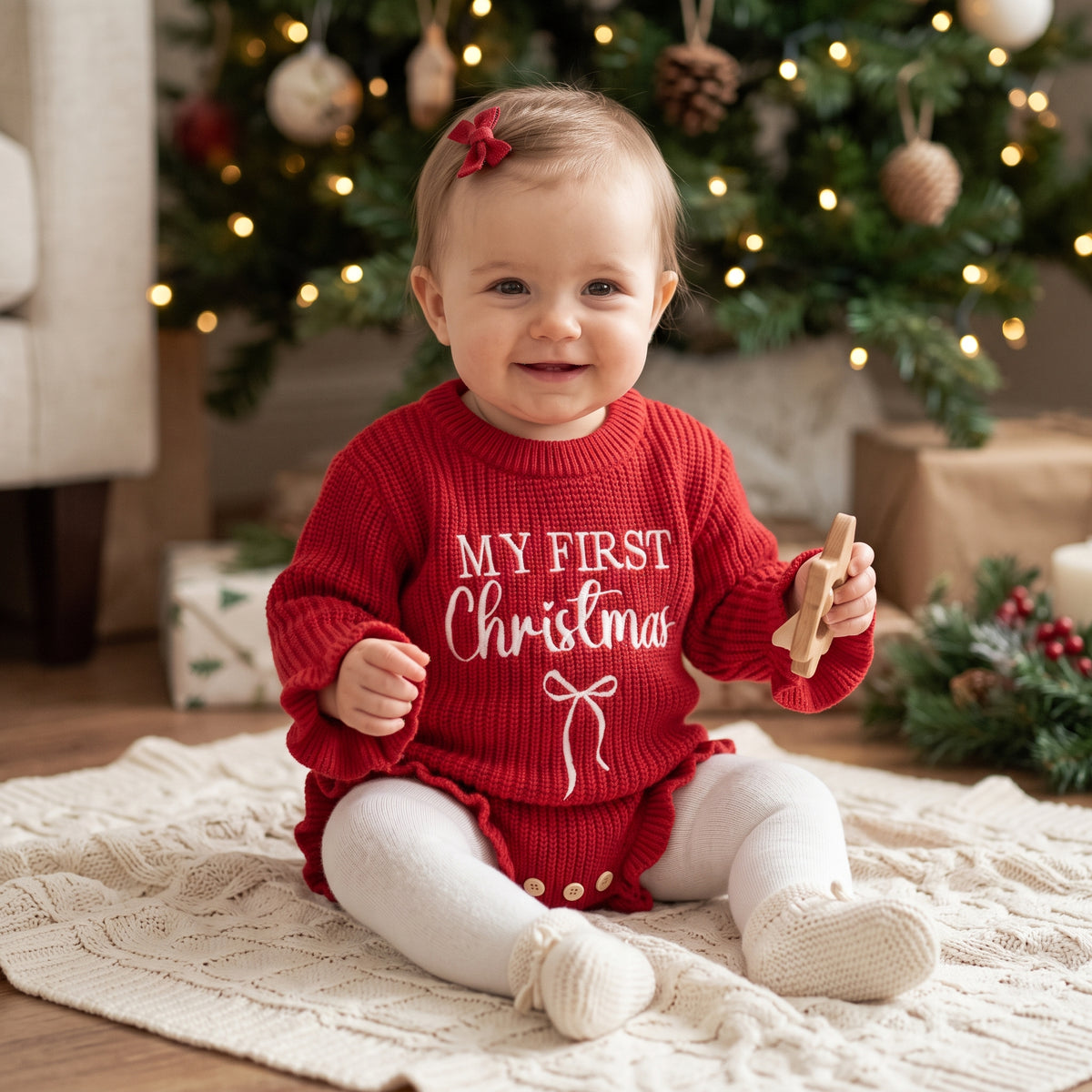 Baby girl sitting in front of a Christmas tree wearing a red My First Christmas knit sweater romper and white tights.