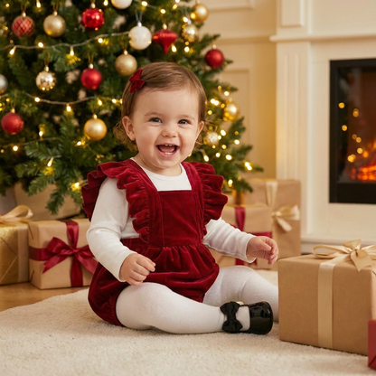 Smiling baby girl wearing a red ruffle holiday romper sitting on the floor in front of a decorated Christmas tree and presents.
