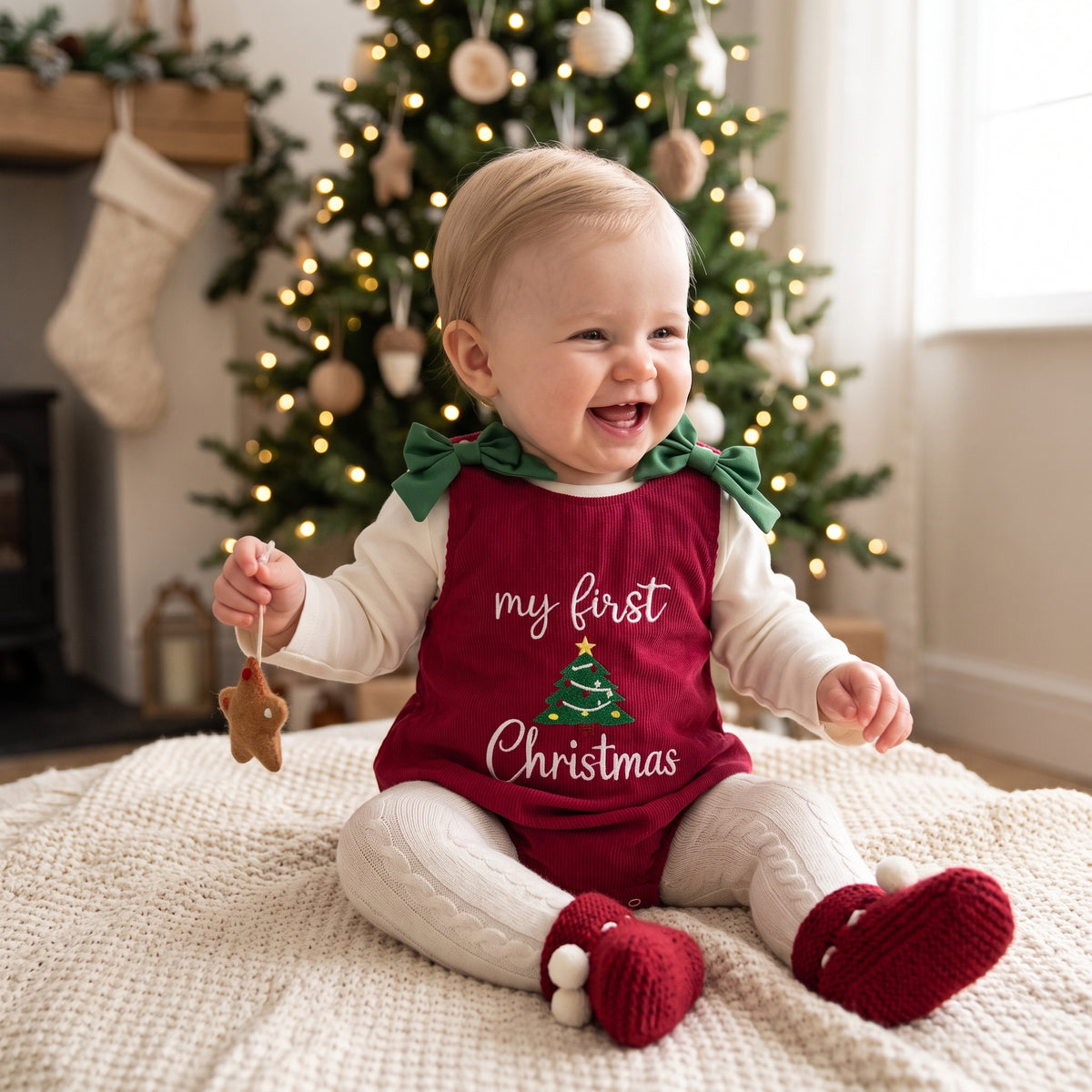 Infant baby girl wearing red My First Christmas corduroy romper outfit sitting by a holiday tree
