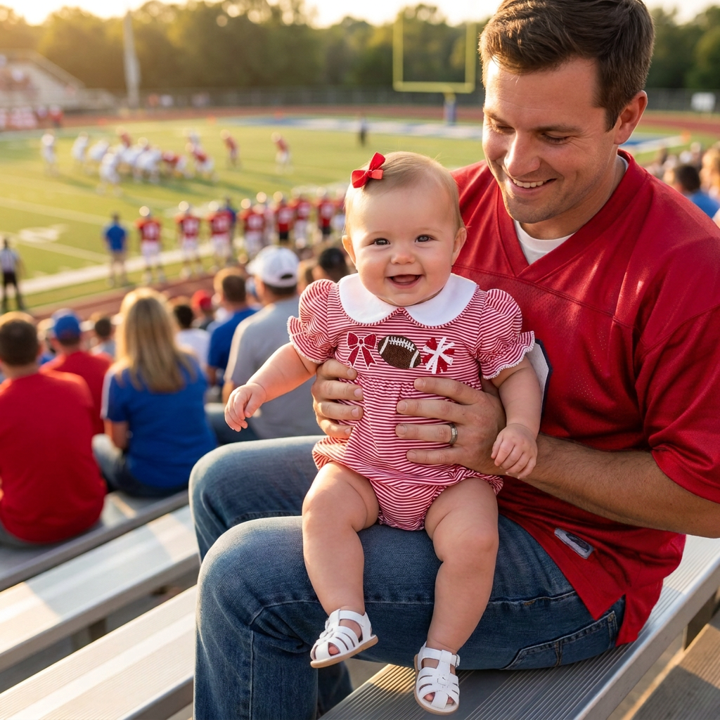 A smiling baby girl sitting on a football field next to a football, wearing a red and white striped game day romper with a white collar and cheer bow design.