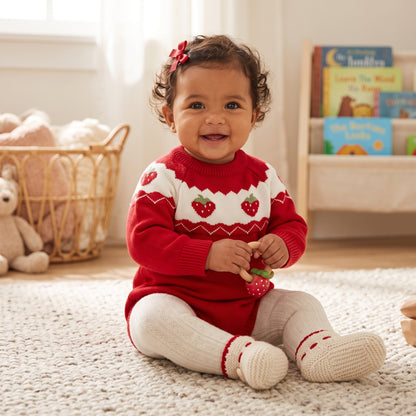 A smiling baby girl sitting on a rug in a nursery wearing the red long sleeve knit strawberry sweater romper.